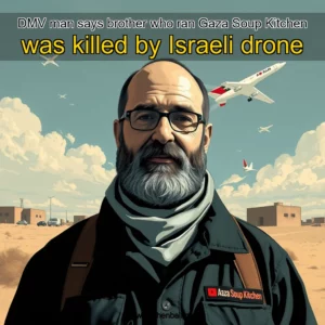 Artistic representation for DMV man says brother who ran Gaza Soup Kitchen was killed by Israeli drone